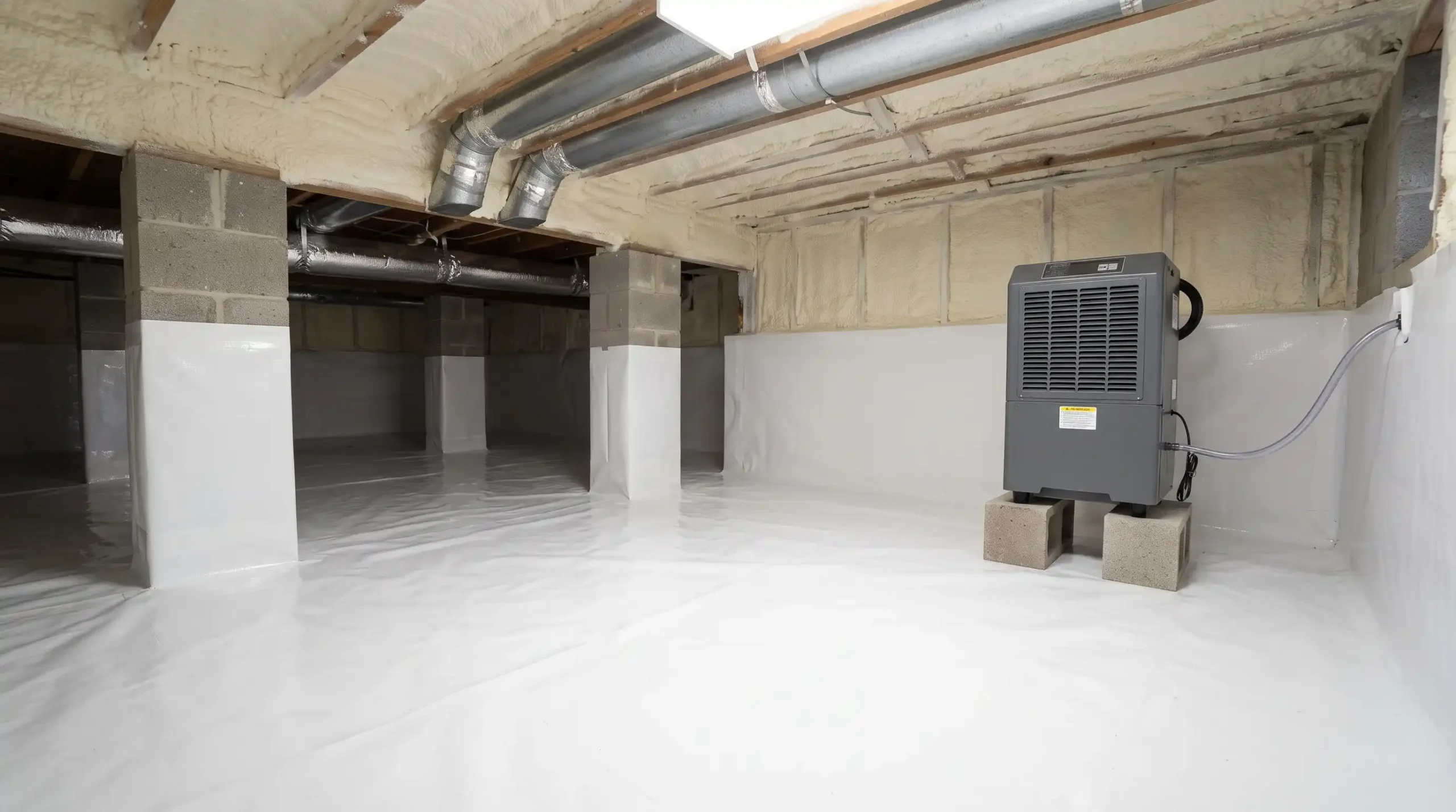 Wide-angle shot of complete sealed encapsulation system: white poly, sealed piers, and dehumidifier