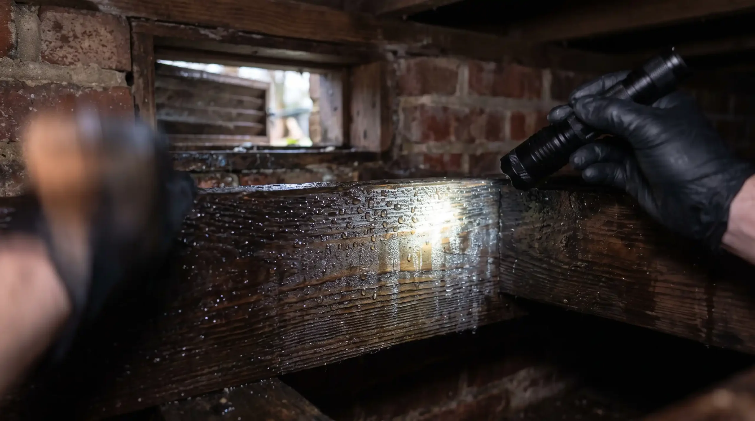 Close-up focus on heavy condensation water droplets on cool wooden floor joists near open foundation vents