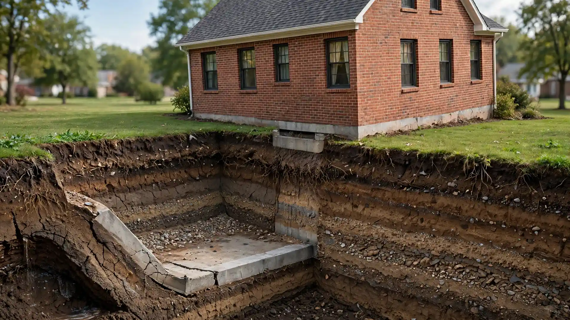 Cutaway view of a home's foundation showing soil compression settling one side