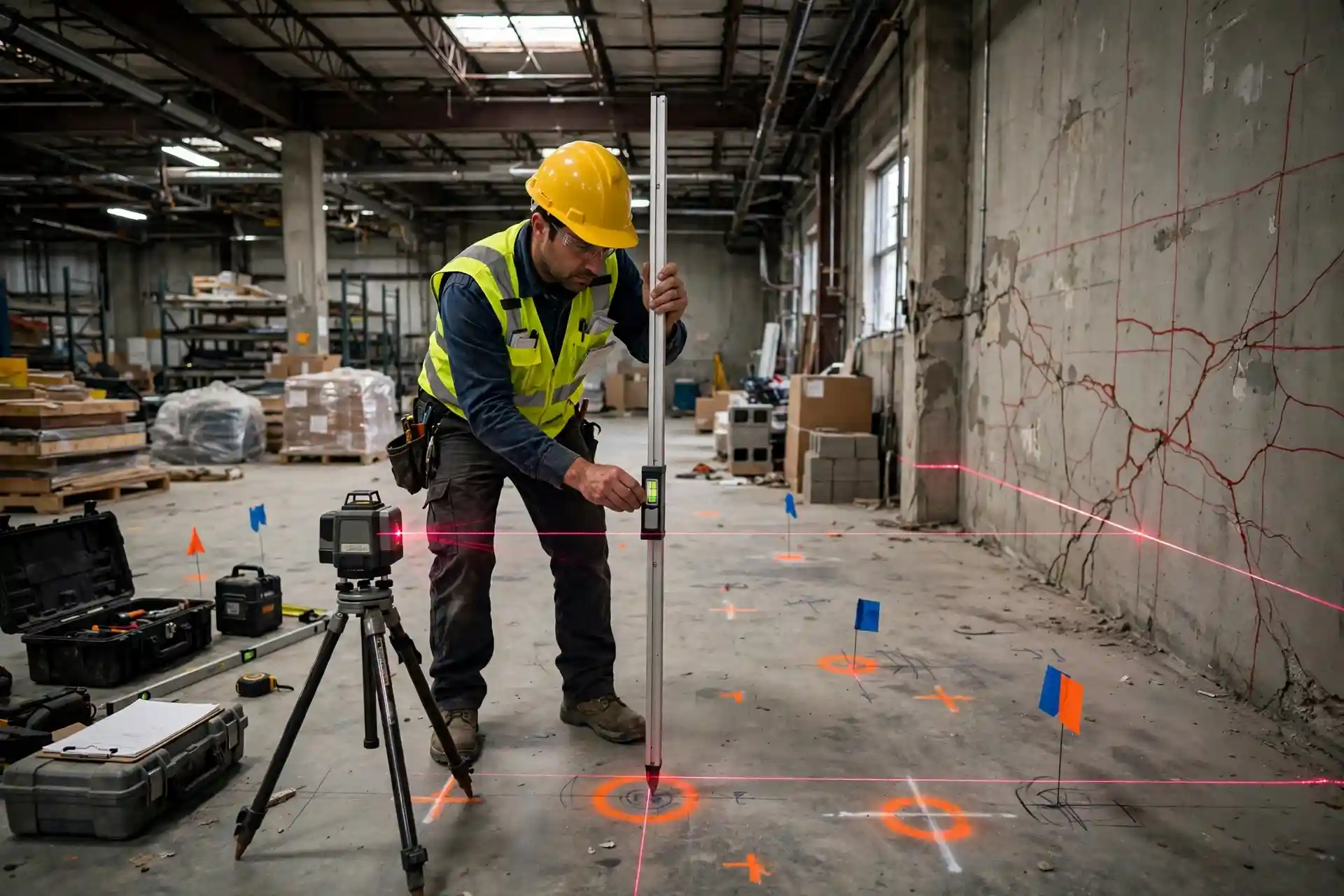 Foundation specialist using a rotary laser level and measuring rod to record floor elevations inside a commercial warehouse