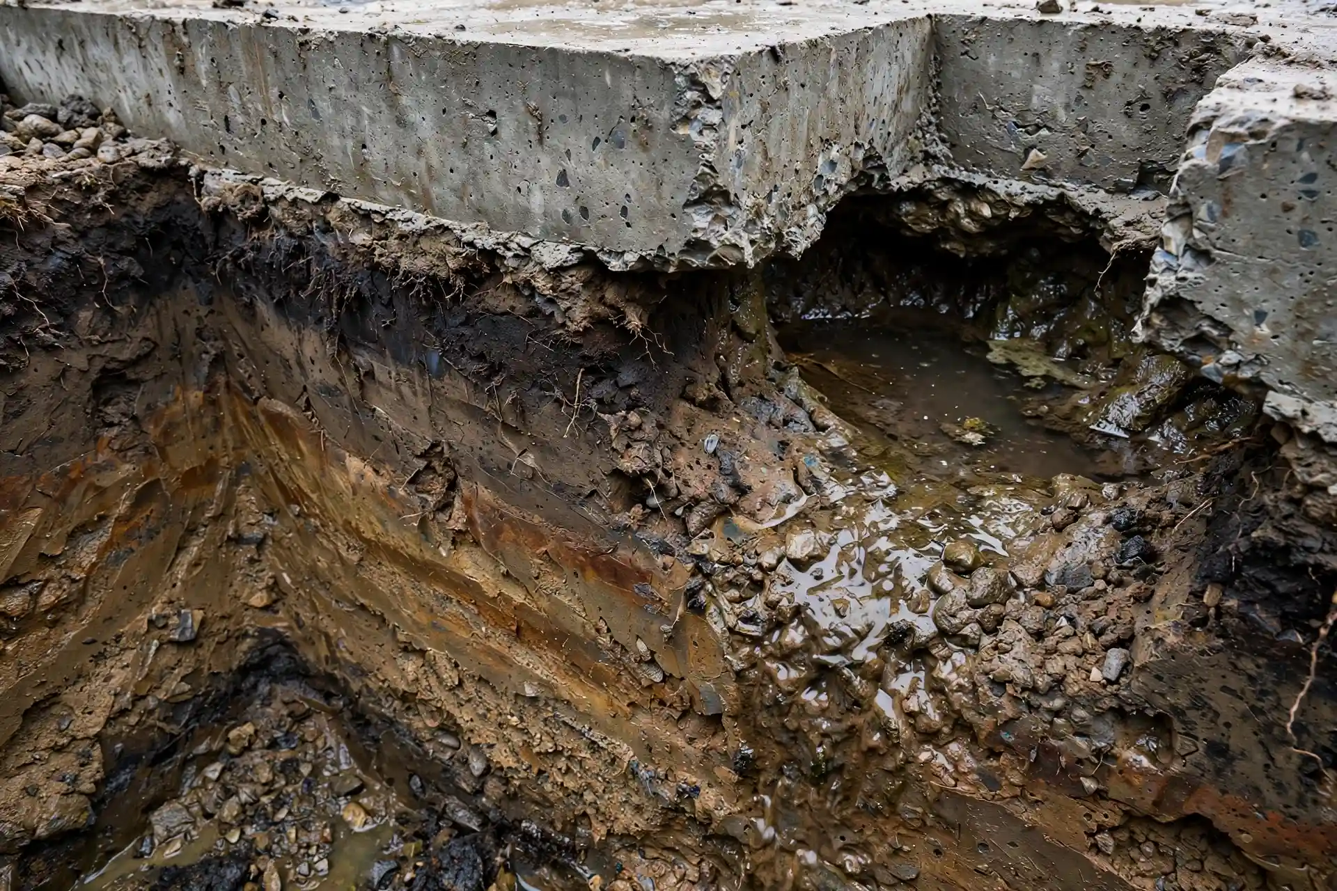 Cross-section view of soil layers beneath a commercial building's foundation footing, showing saturated soil and a water-filled erosion void under the footing edge in an inspection trench