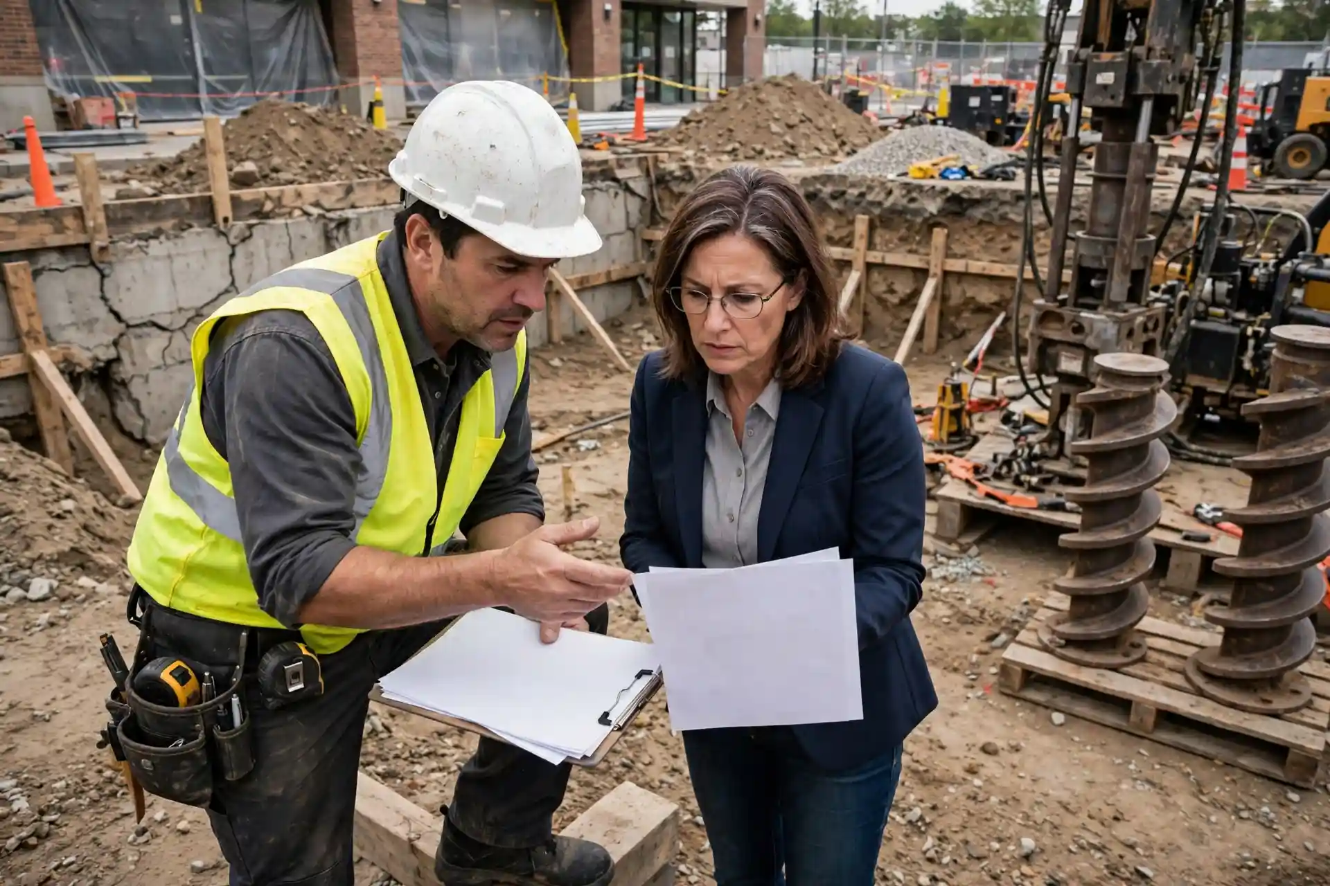 A foundation contractor and a building owner reviewing a project estimate together at an excavated commercial foundation repair site