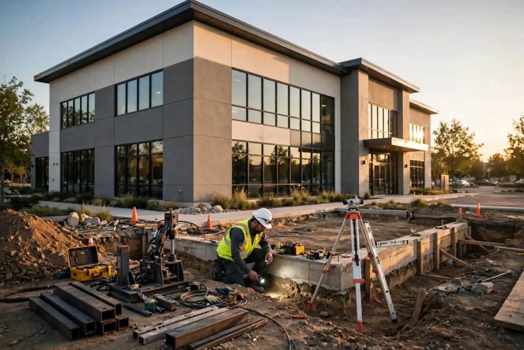 Foundation specialist inspecting an exposed commercial building foundation with pier installation equipment and a survey tripod at the base of a modern office building