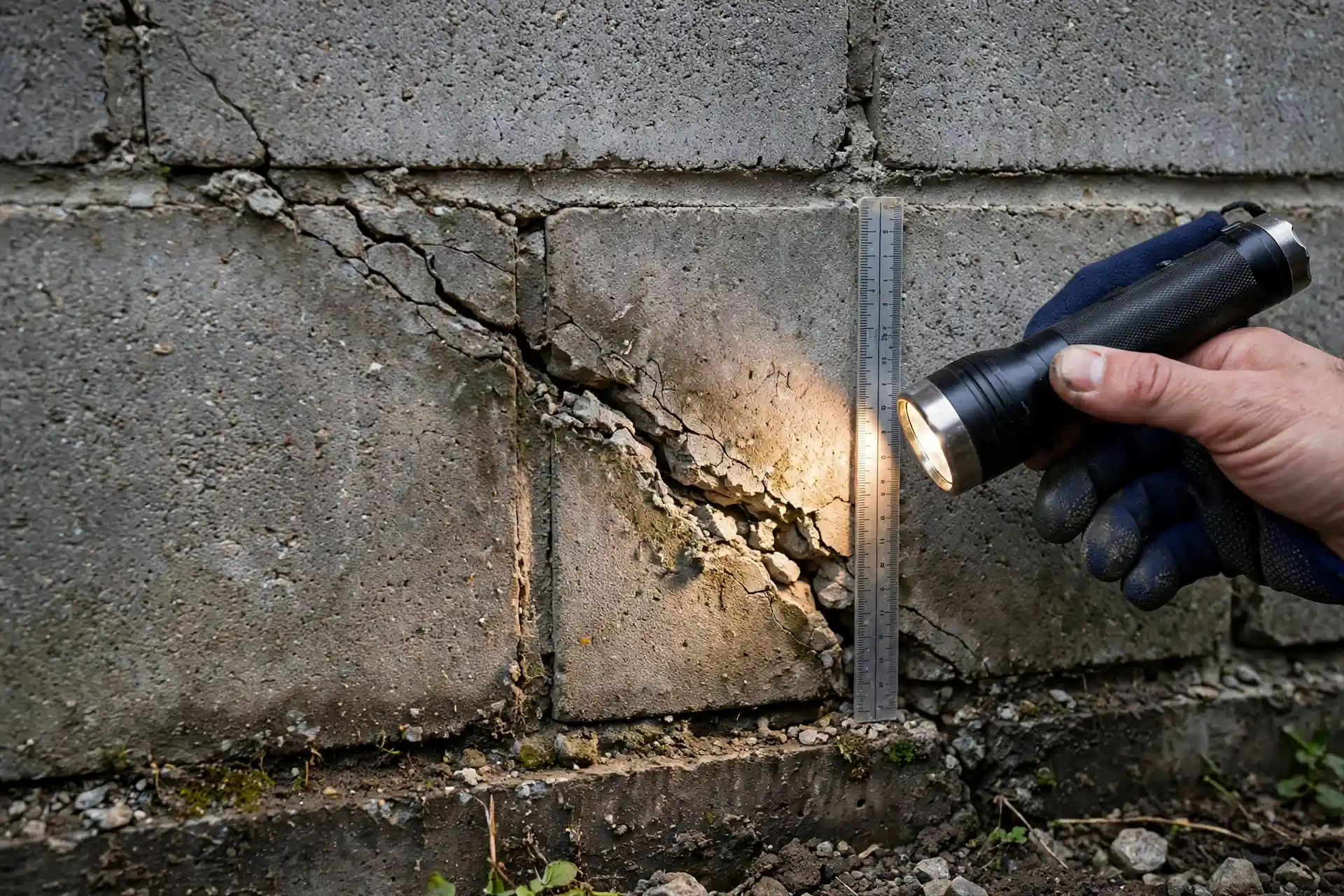 Close-up of stair-step cracking in a commercial building's masonry block wall, with an inspector holding a flashlight and crack gauge near the damaged foundation