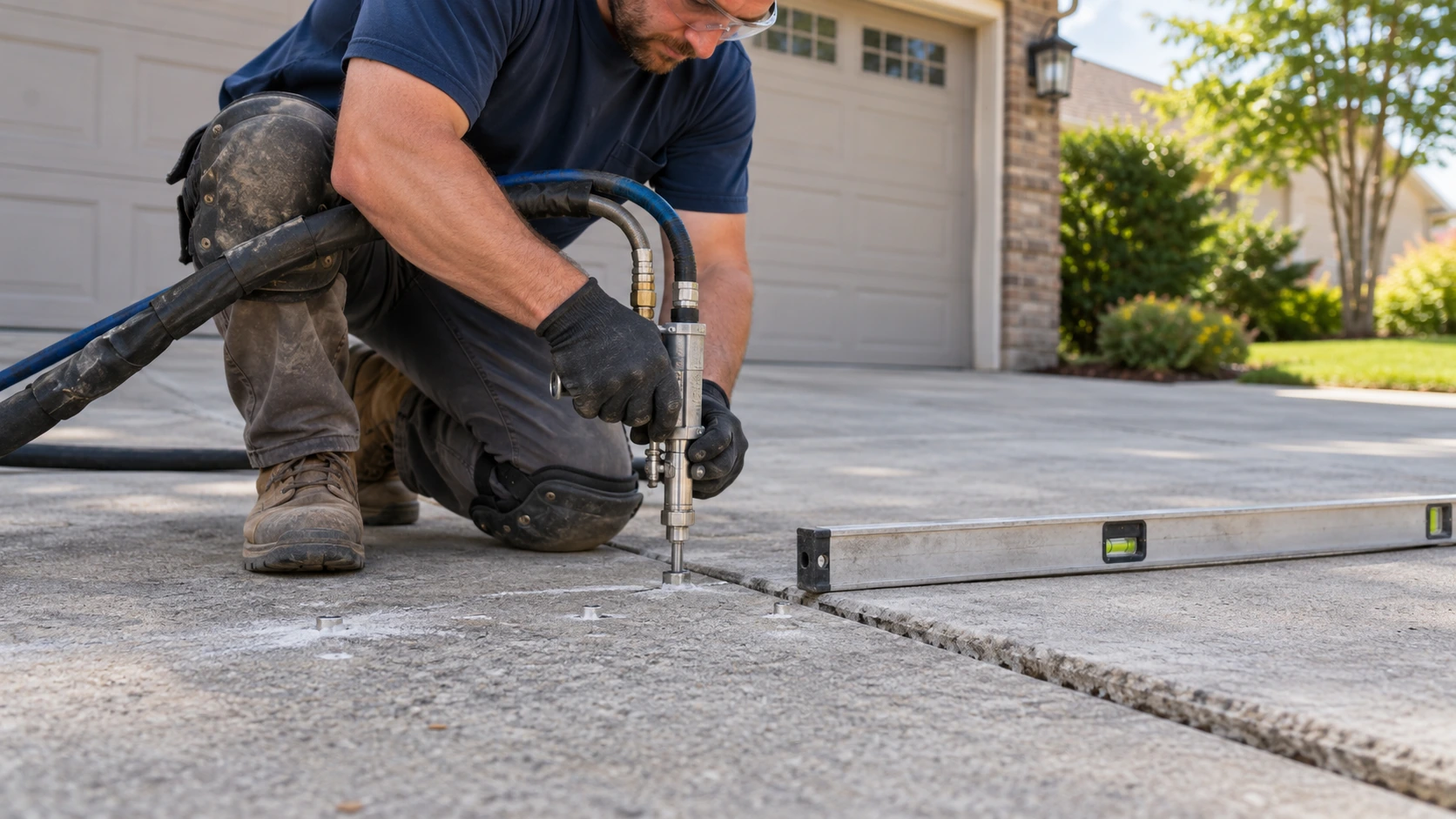 Technician using an injection tool to lift an uneven residential driveway slab.