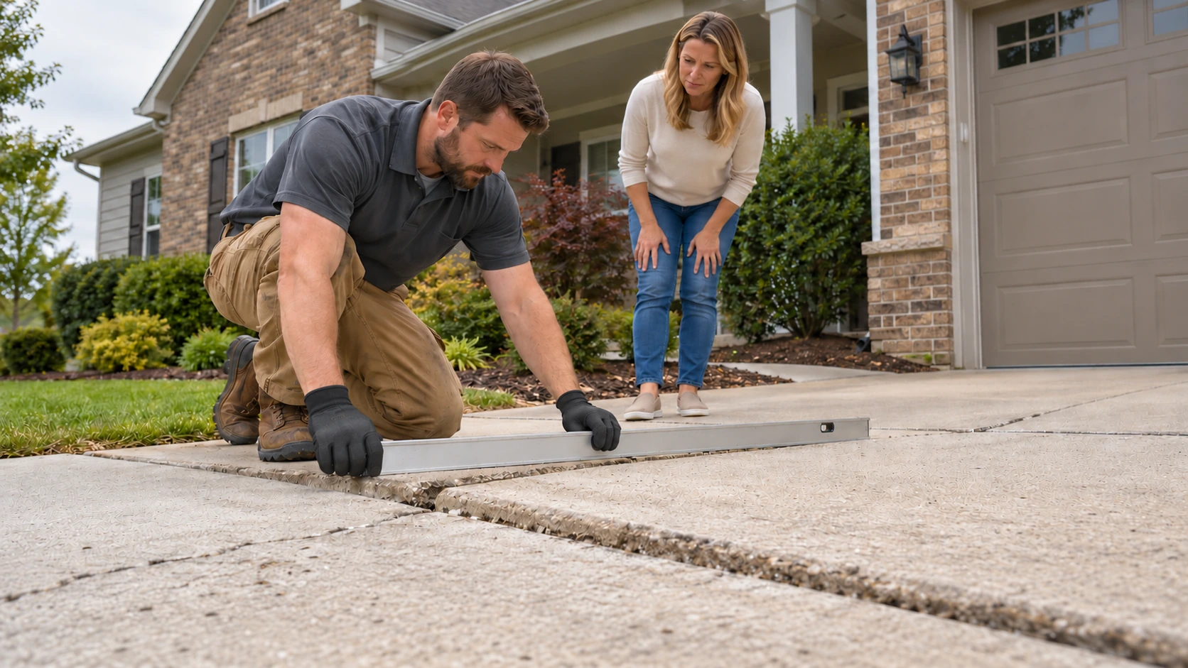 Contractor checking an uneven driveway joint with a straightedge while a homeowner watches.