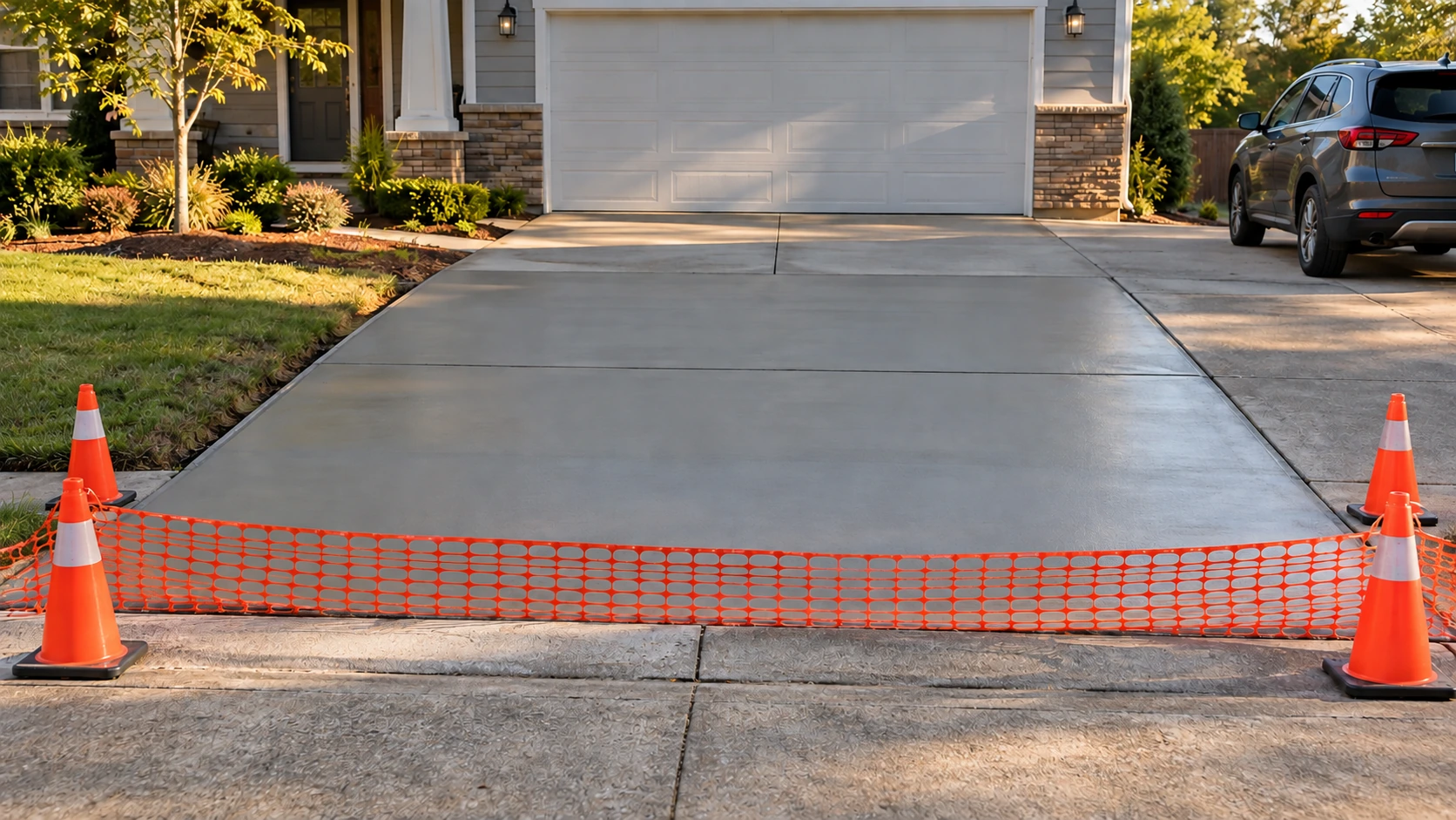 Freshly finished driveway concrete protected by orange cones and a temporary safety barrier.