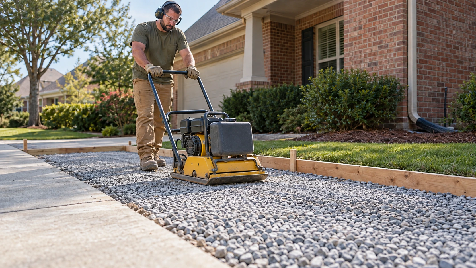 Worker compacting a gravel base inside timber forms for a residential concrete slab.