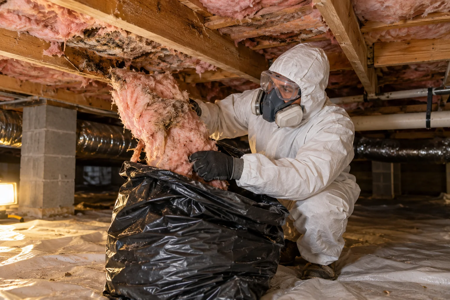 Professional wearing protective equipment bagging damaged insulation beneath floor joists