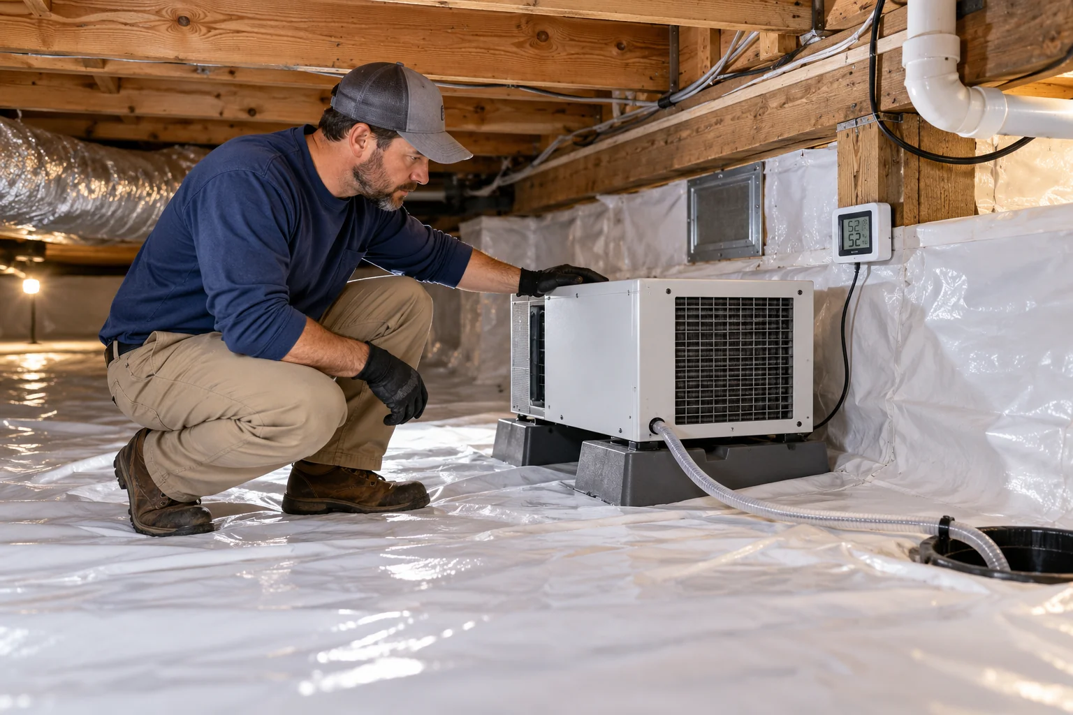 Technician checking a dehumidifier beside a humidity monitor in an encapsulated crawl space
