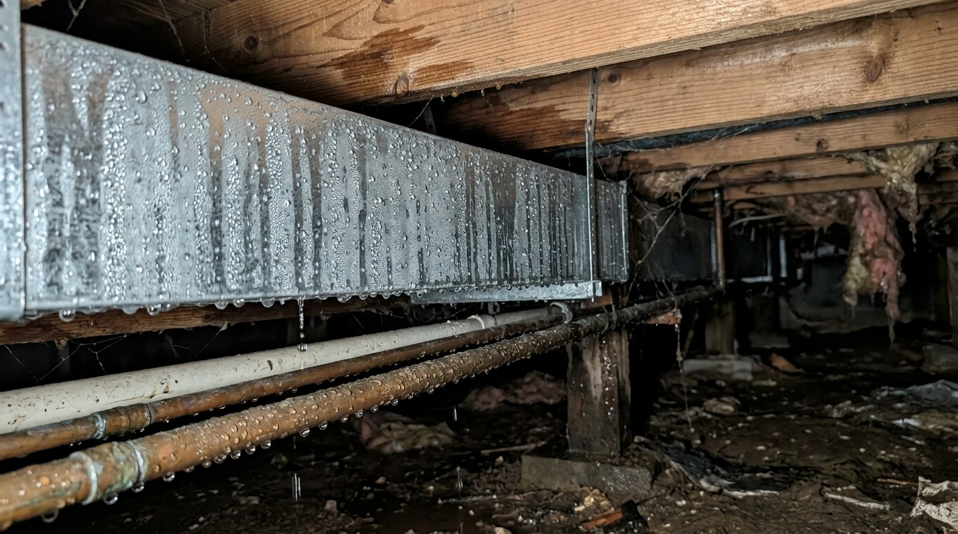 Heavy condensation droplets forming along metal HVAC ductwork and cold water pipes in a humid crawl space