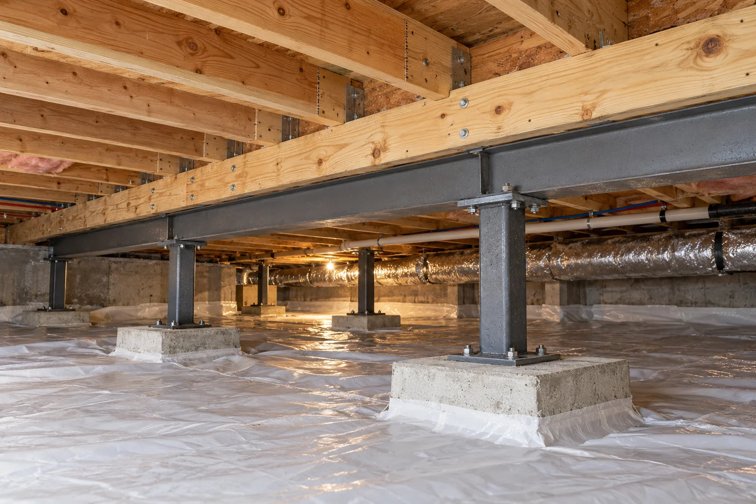 Reinforced wooden floor framing and a steel support beam on permanent posts and concrete footings