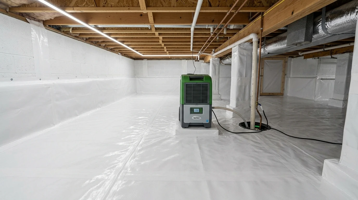 Fully encapsulated crawl space with continuous heavy-duty vapor barrier and commercial crawl space dehumidifier