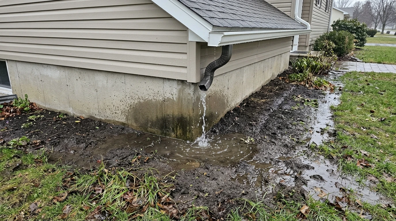 Gutter downspout discharging rainwater directly adjacent to a home foundation wall causing saturated soil