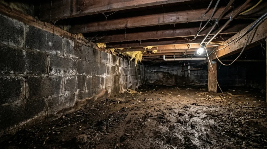 Damp crawl space showing exposed soil, wooden floor joists overhead, and concrete foundation wall