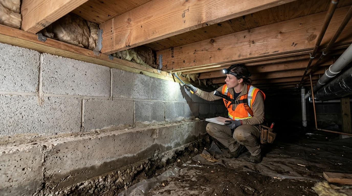 Foundation specialist examining a concrete crawl space wall, footing, and timber framing