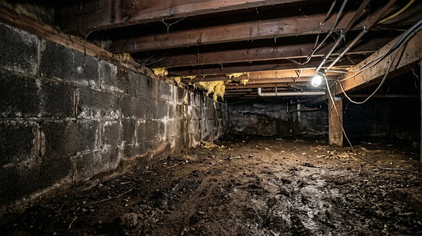 Damp crawl space showing exposed soil, wooden floor joists overhead, and concrete foundation wall