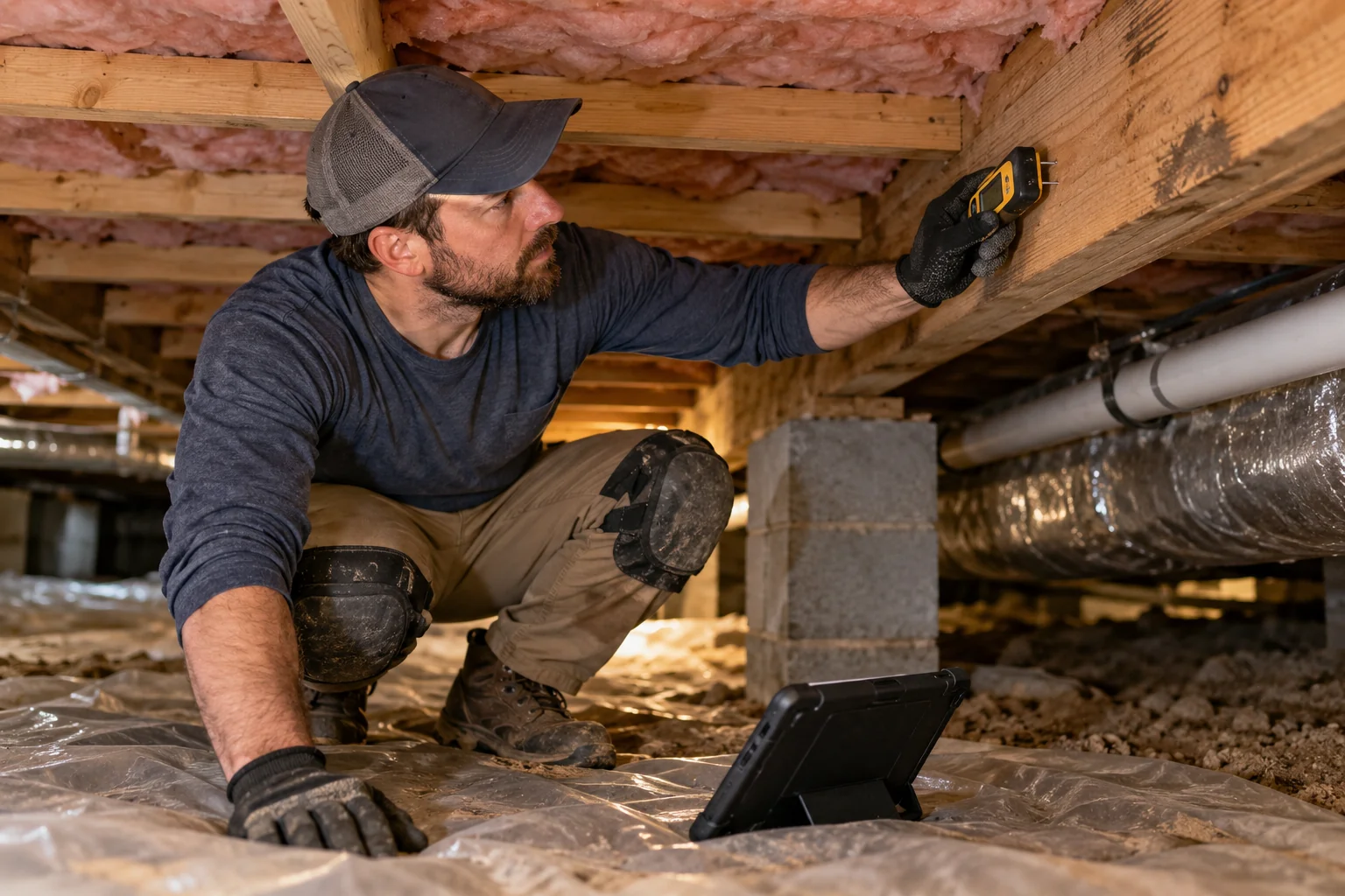 Inspector checking wooden crawl space framing with a moisture meter beside a tablet