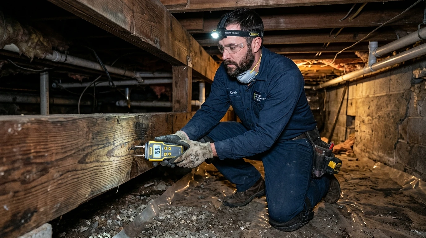Foundation contractor using a digital wood moisture meter to inspect crawl space floor joists