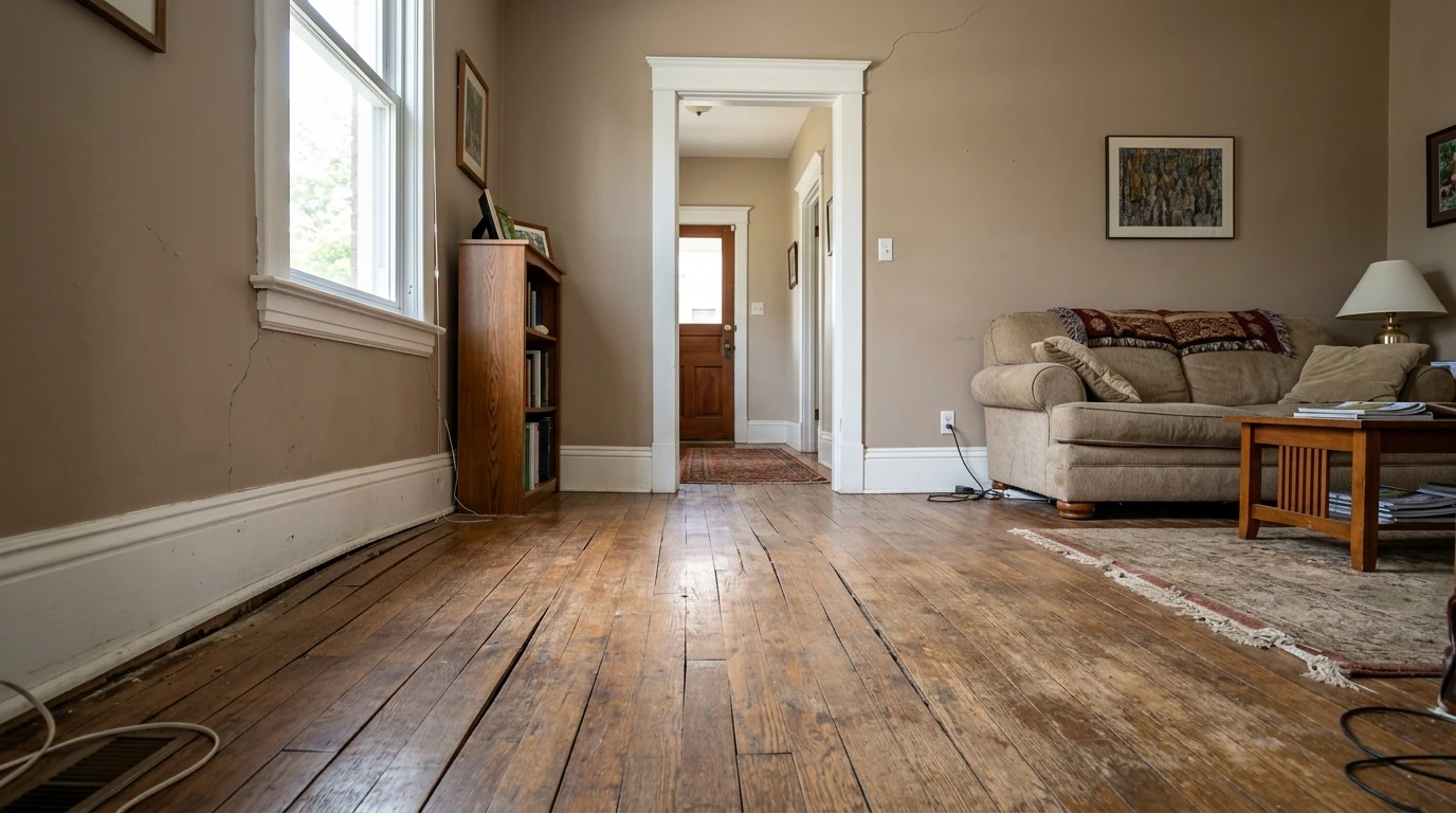 Interior residential living room displaying uneven sagging hardwood floorboards and baseboard separation