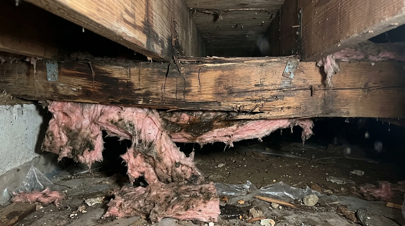 Deteriorated wooden subfloor framing and sagging damp fiberglass insulation batts in a residential crawl space