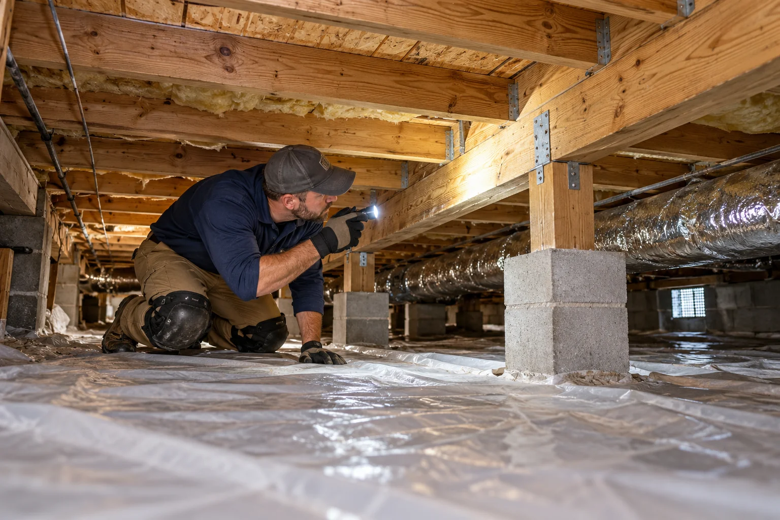 Professional inspecting crawl space framing and support posts with a flashlight