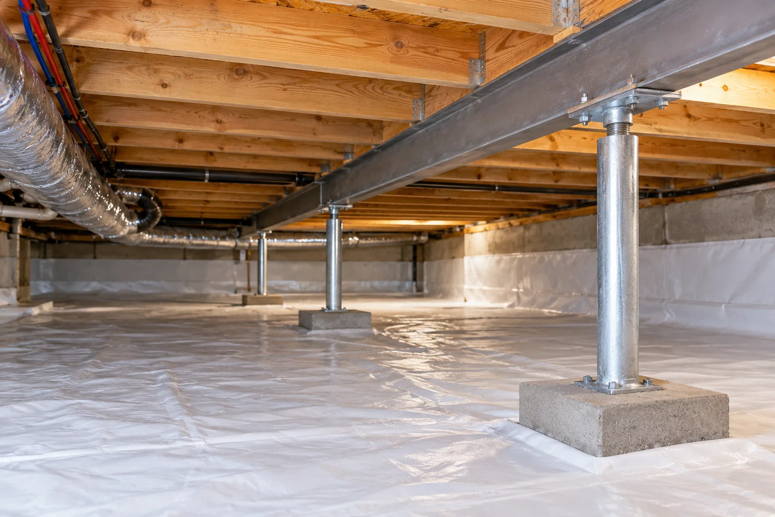 Repaired crawl space with wooden framing, steel support posts and a white vapor barrier
