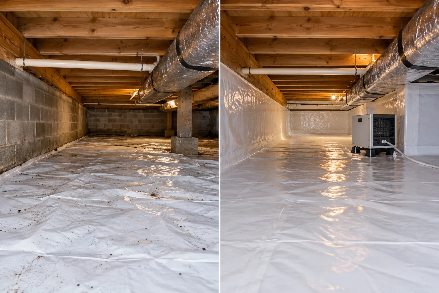 Side-by-side crawl spaces showing ground-only vapor barrier and encapsulation with a dehumidifier