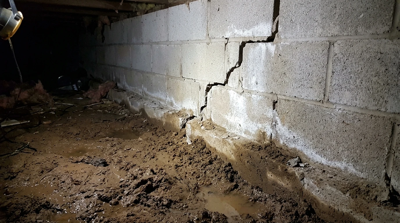 Settlement step crack in concrete masonry foundation wall adjacent to saturated clay footing soil