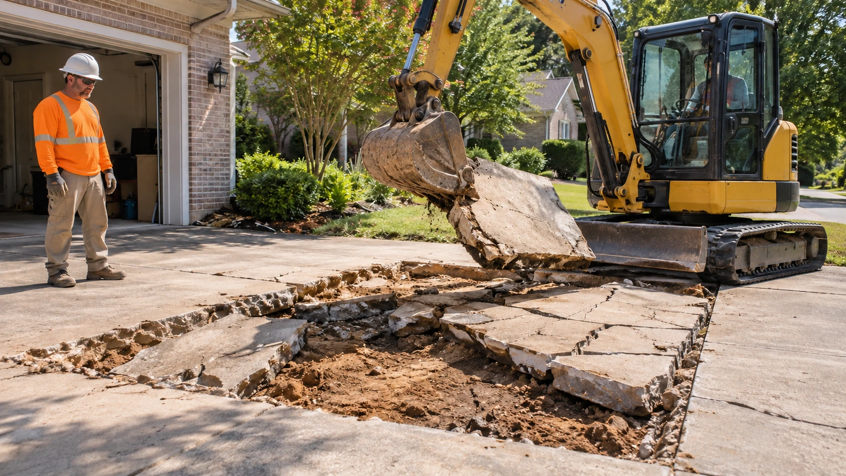 Mini excavator removing a broken concrete driveway section beside a residential garage.