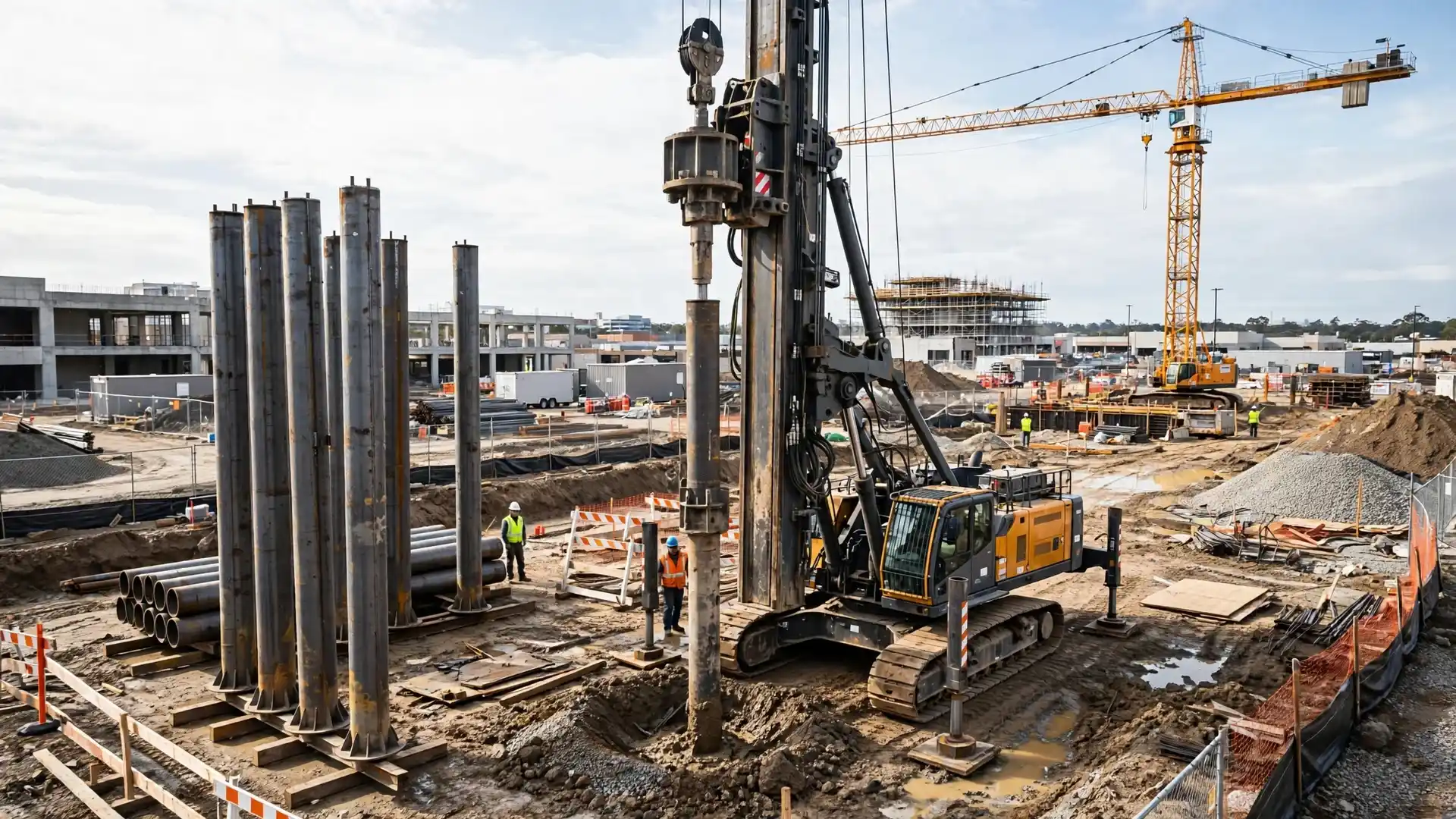 Pile driving rig installing tall steel piles at a commercial construction site