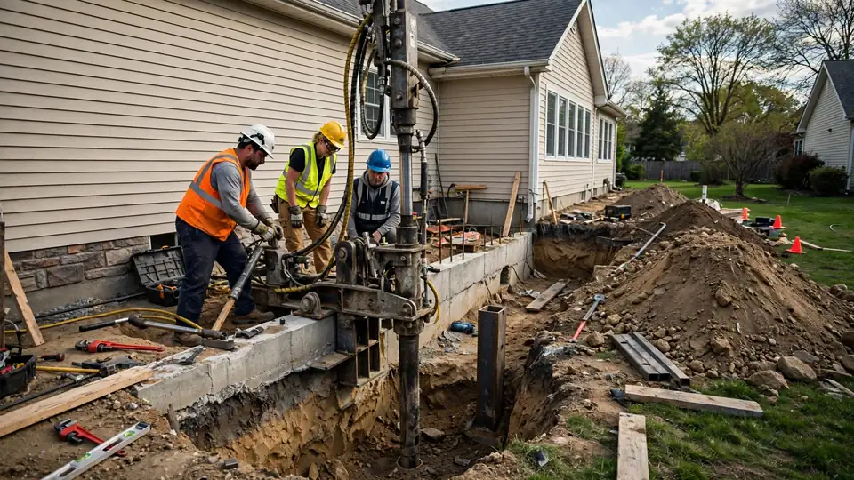 Crew installing steel pier underpinning at an excavated house foundation