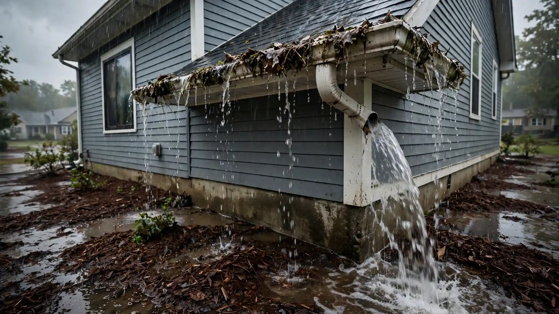 Overflowing gutter and pooling water against a home's foundation during rain