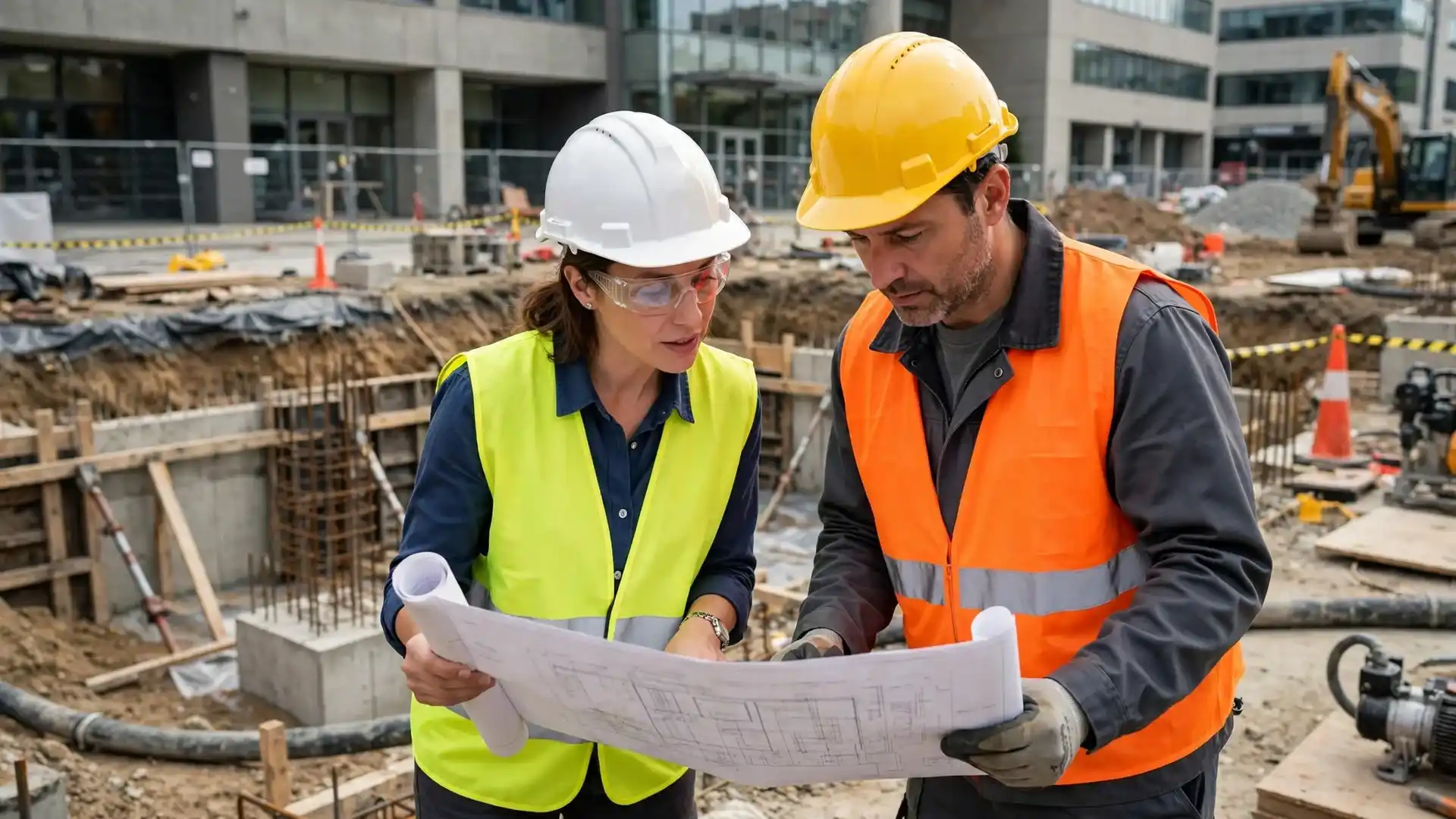 Structural engineer and contractor reviewing construction drawings together at a foundation repair site