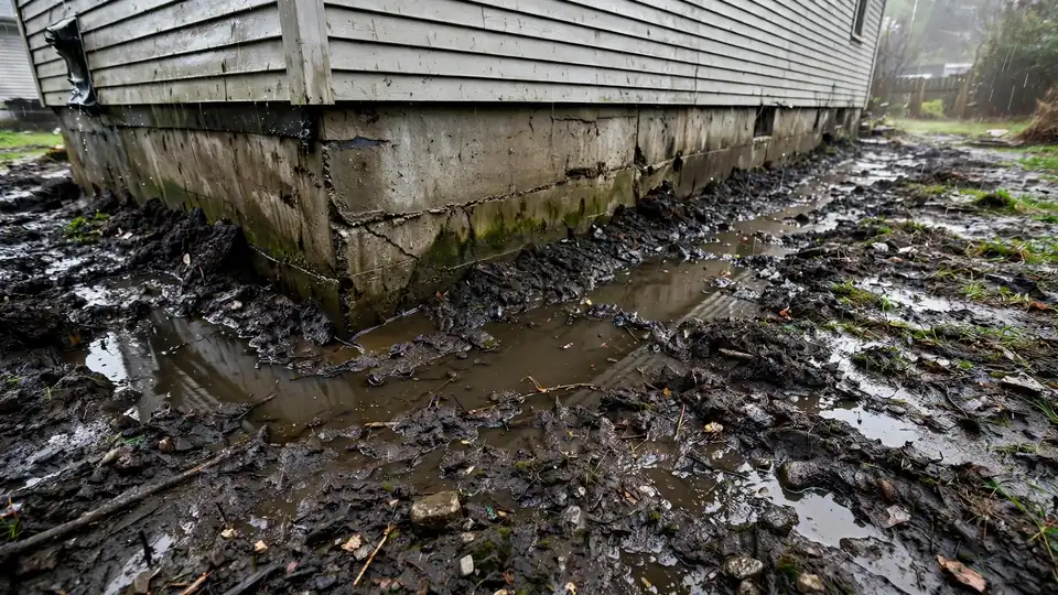 Saturated muddy soil and standing water surrounding a home's concrete foundation