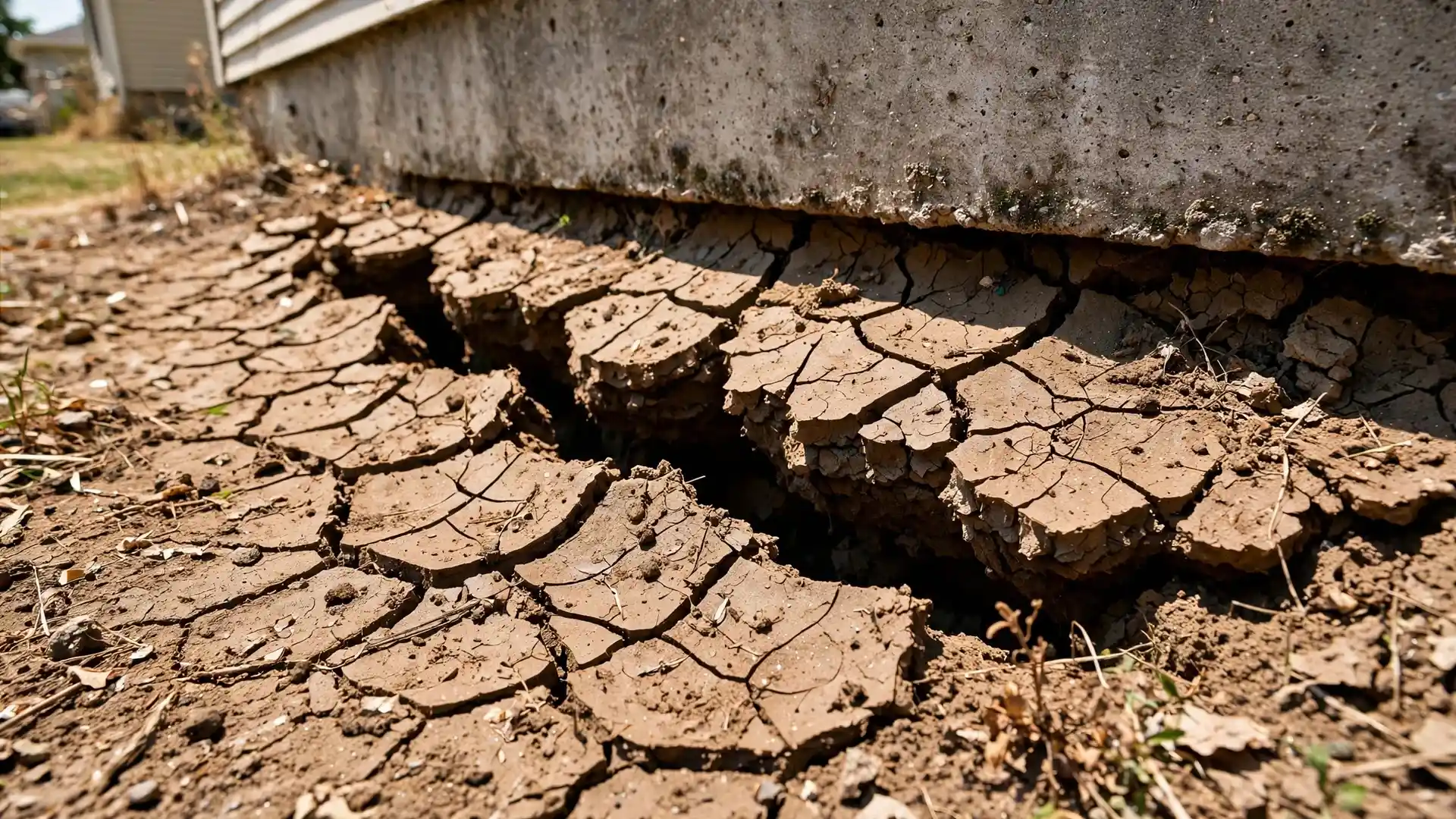 Dry cracked clay soil pulling away from a concrete foundation wall