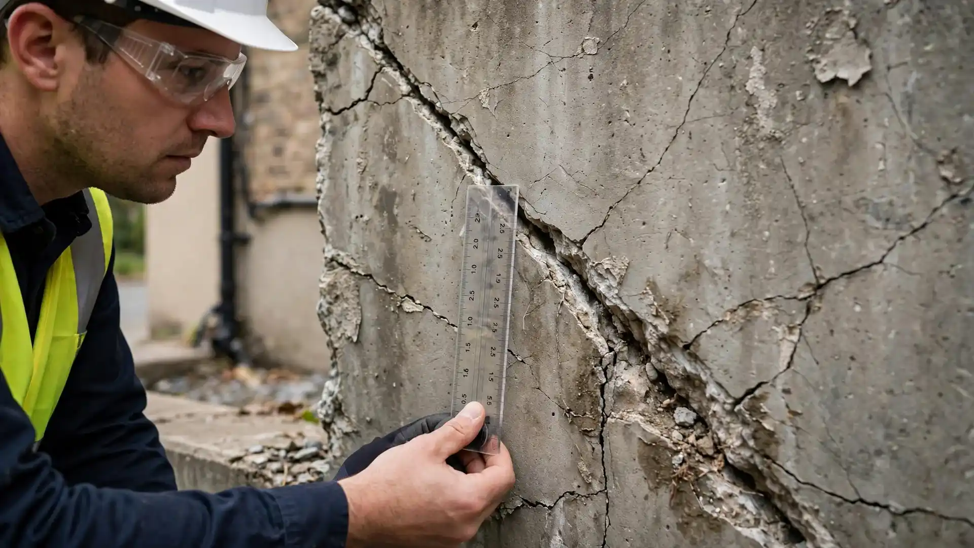 Engineer measuring diagonal settlement cracks on a building foundation wall with a crack gauge