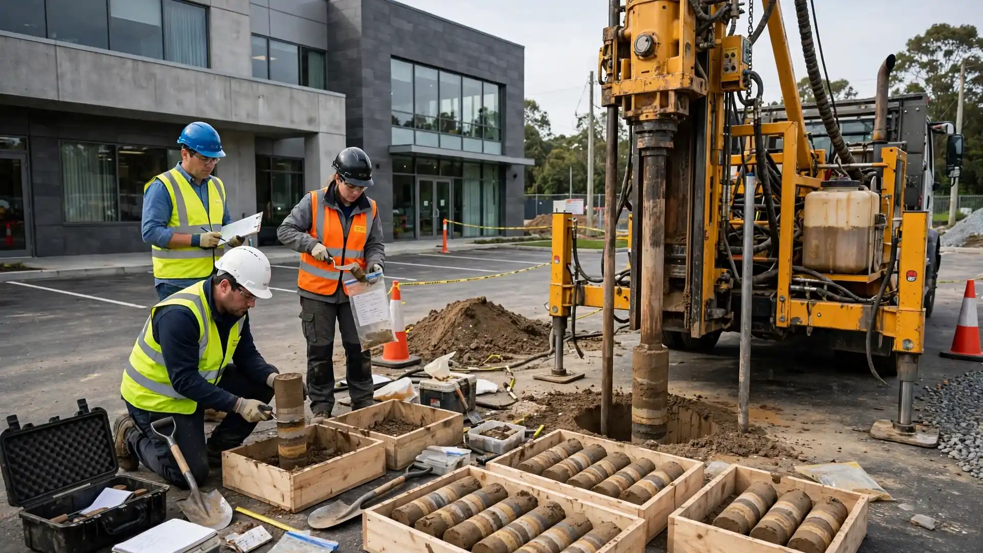 Geotechnical drill rig collecting soil borings beside a commercial building for a foundation investigation