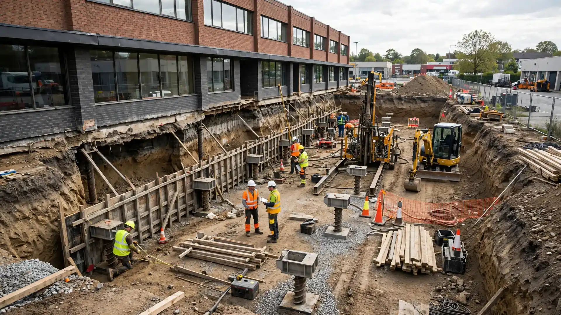 Commercial building foundation remediation in progress with underpinning piers installed