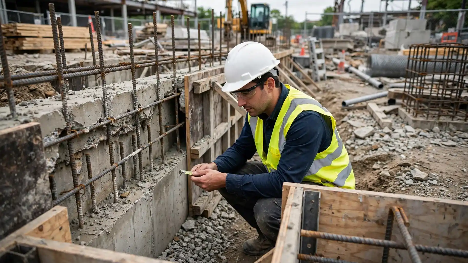 Structural engineer inspecting an exposed reinforced concrete foundation wall of a commercial building during a remediation assessment