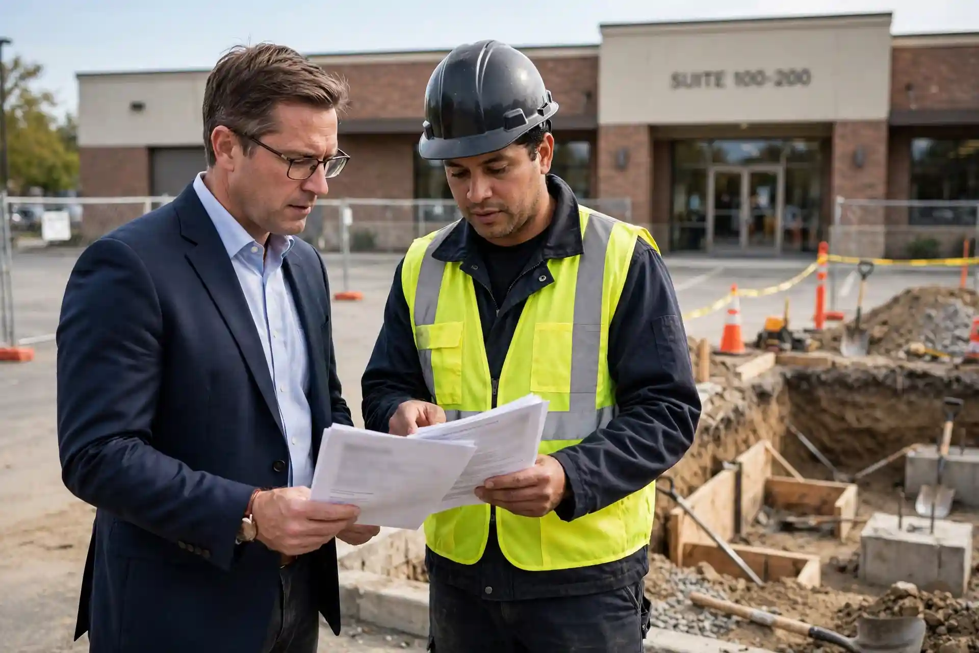 Building owner and foundation contractor reviewing repair proposal documents beside an exposed foundation excavation