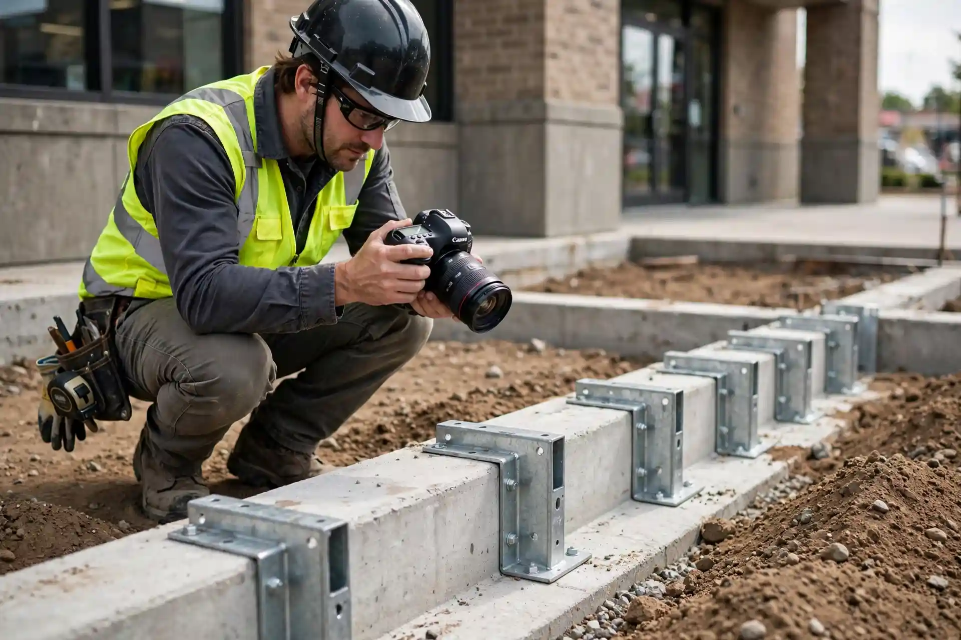 A foundation technician photographing installed steel pier brackets on a restored concrete footing at a commercial building