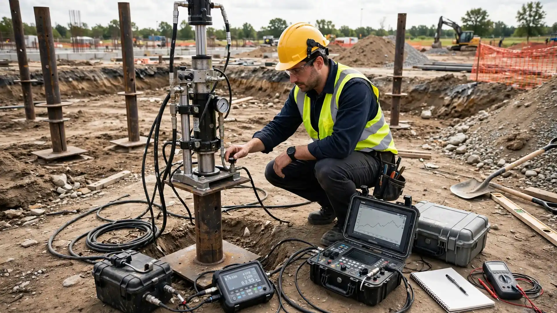 Engineer performing foundation load testing with hydraulic equipment and monitoring instruments