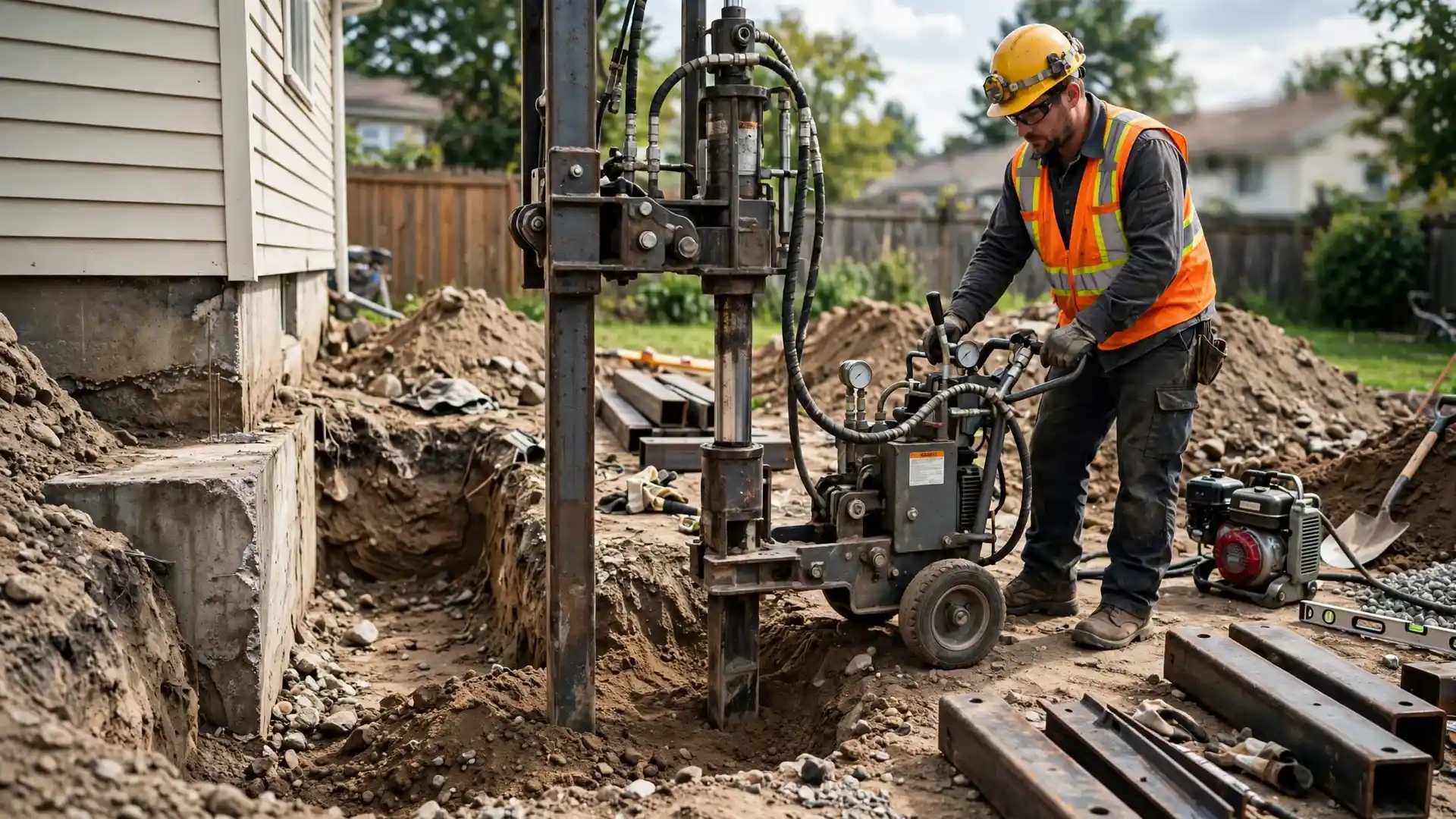 Steel push pier being installed beside an excavated home foundation