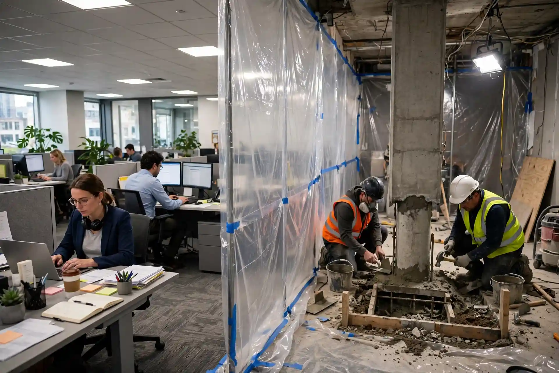 Foundation repair work zone separated by dust barrier walls from an active office workspace with employees at desks