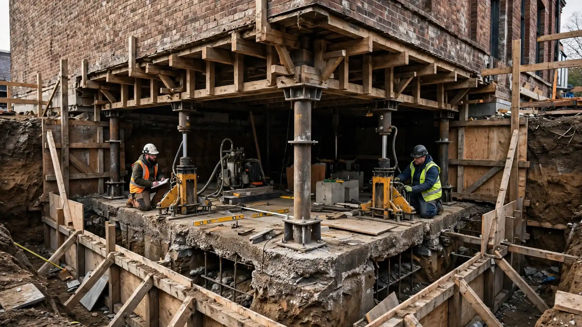 Steel underpinning piers and hydraulic jacks installed beneath an existing building foundation