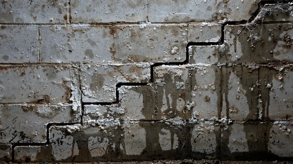 Stair-step crack with white efflorescence stains on a concrete block foundation wall