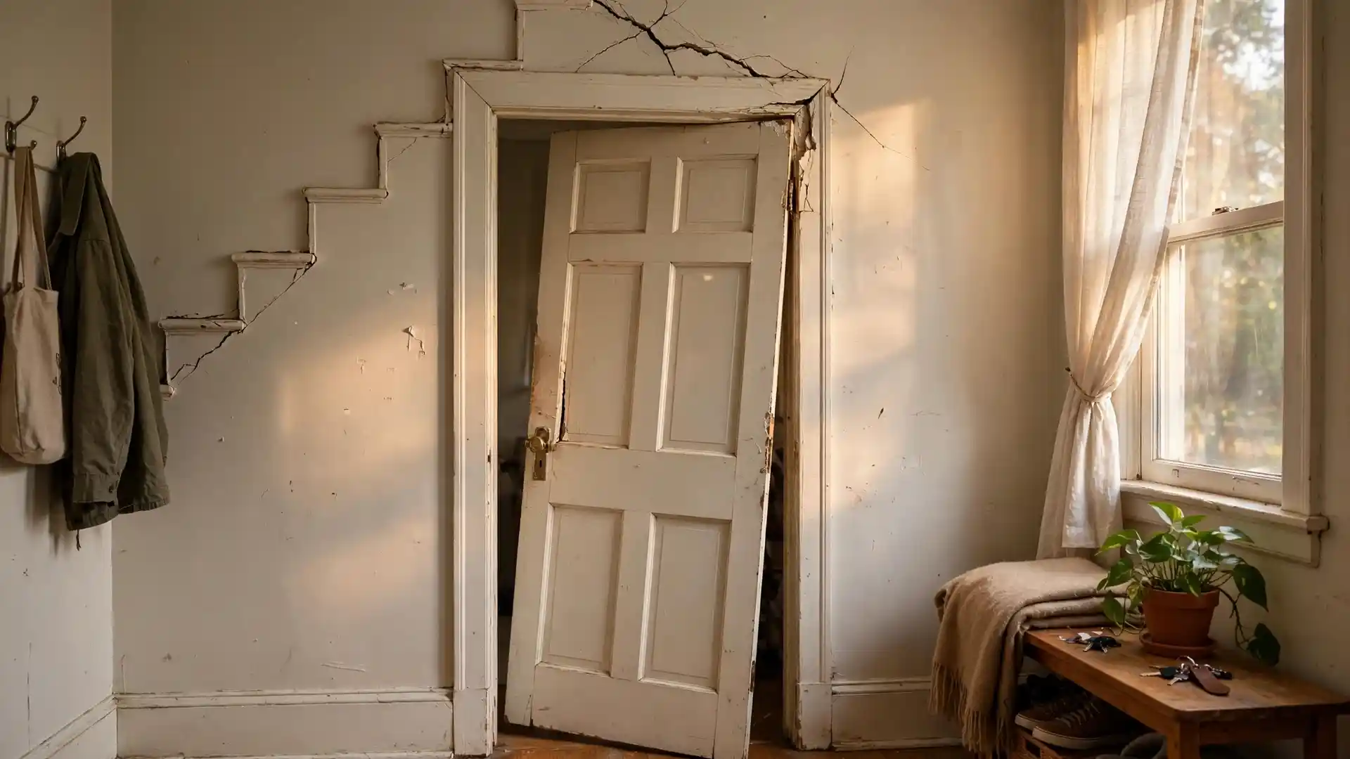 Stair-step crack in an interior wall above a misaligned door
