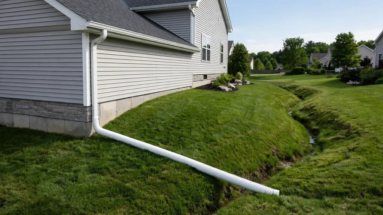 Downspout extension carrying roof water across a graded lawn away from the house