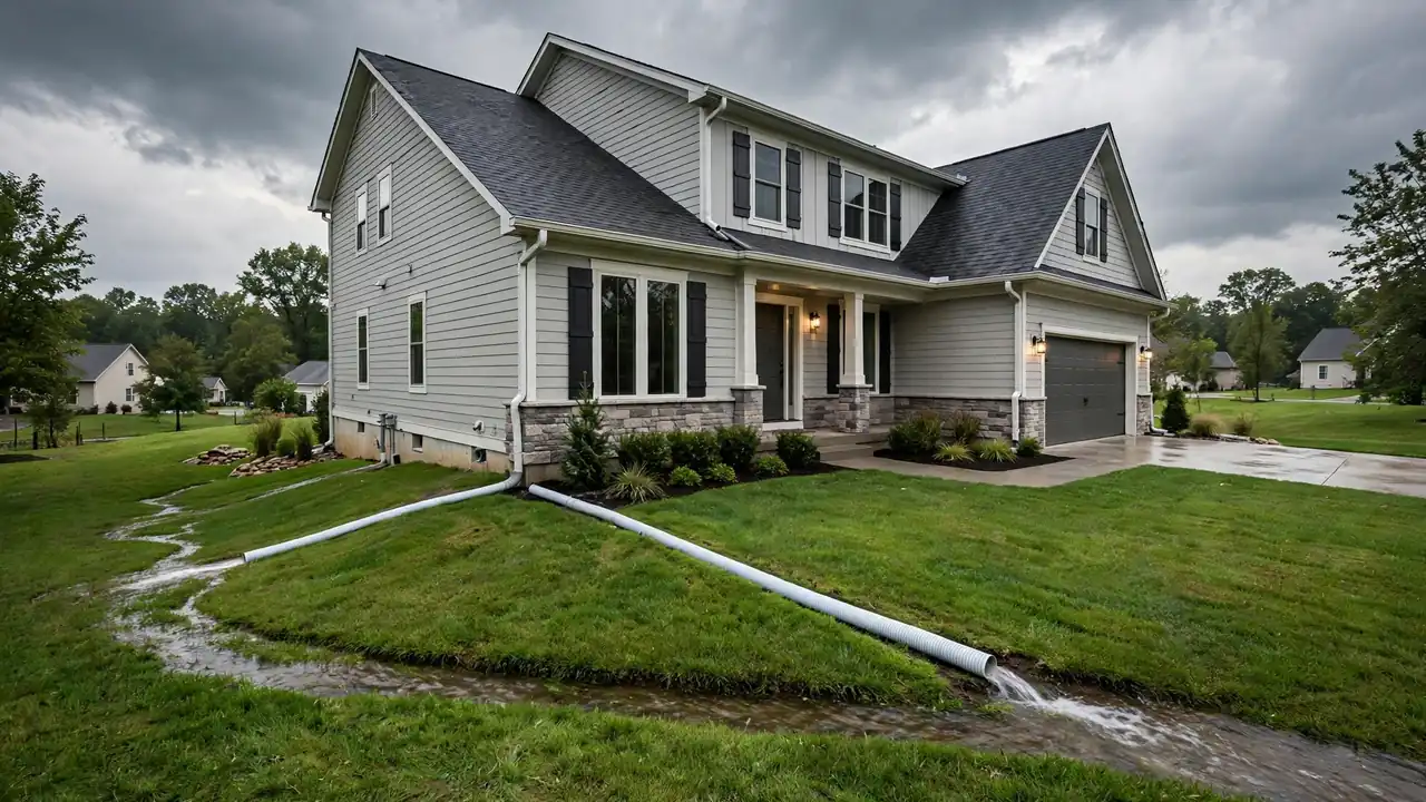 Suburban home in a rainstorm with downspout extensions draining water across the lawn